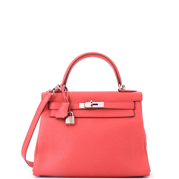 Hermes Kelly Handbag Pink Clemence with Palladium Hardware 28
