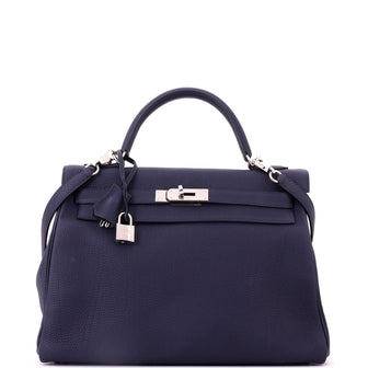Hermes Kelly Handbag Blue Togo with Palladium Hardware 32