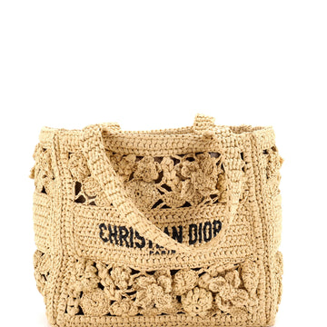Christian Dior Book Tote Floral Woven Raffia Small