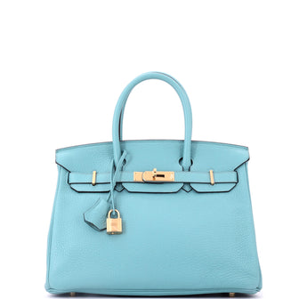 Hermes Birkin Handbag Blue Clemence with Gold Hardware 30