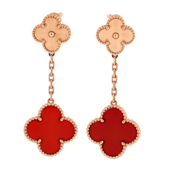 Van Cleef & Arpels Magic Alhambra 2 Motifs Drop Earrings 18K Rose Gold and Carnelian