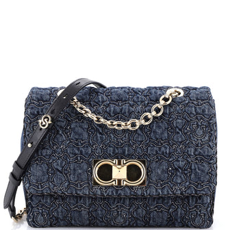 Salvatore Ferragamo Gancini Galore Chain Flap Bag Quilted Denim Medium