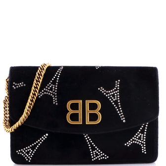 Balenciaga BB Round Wallet on Chain Crystal Embellished Velvet Small