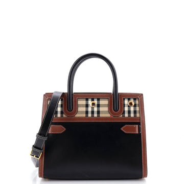 Burberry Title Two Handle Tote Leather with Vintage Check Canvas Mini