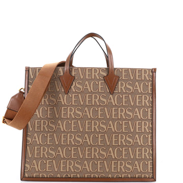 Versace Allover Logo Convertible Tote Printed Canvas Large