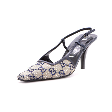 Gucci Women's Aria Slingback Pumps Crystal Embellished GG Canvas