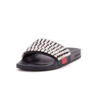 Gucci Women's Web Slide Sandals Leather and Rubber with Crystals