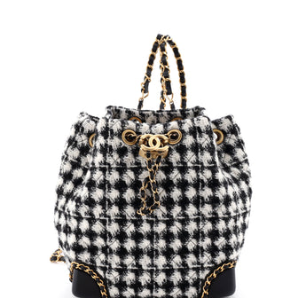 Chanel Chained Drawstring CC Bucket Backpack Quilted Houndstooth Tweed Small