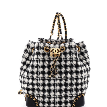 Chanel Chained Drawstring CC Bucket Backpack Quilted Houndstooth Tweed Small