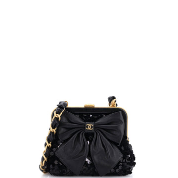 Chanel Bow Frame Clutch With Chain Sequin Embellished Tweed with Leather Mini