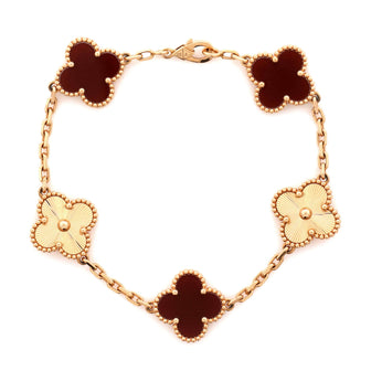 Van Cleef & Arpels Vintage Alhambra 5 Motifs Bracelet Guilloche 18K Rose Gold and Carnelian
