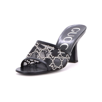 Gucci Women's Heeled Mule Sandals Crystal GG Embellished Mesh