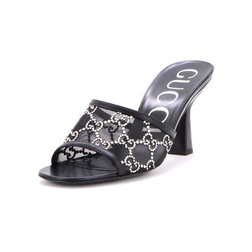Gucci Women's Heeled Mule Sandals Crystal GG Embellished Mesh