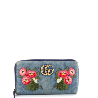 Gucci GG Marmont Zip Around Wallet Embroidered Matelasse Denim