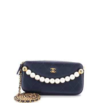 Chanel Chic Pearls Double Zip Clutch with Chain Quilted Lambskin