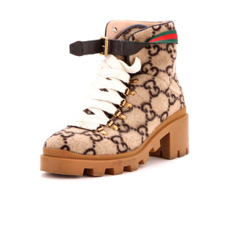 Gucci Women's Heeled Lace Up Combat Ankle Boots GG Wool