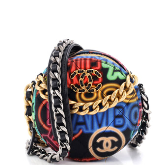 Chanel 19 Round Clutch with Chain Quilted Graffiti Print Fabric