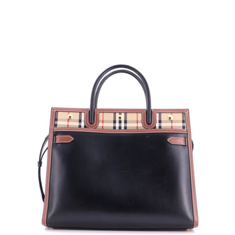 Burberry Title Two Handle Tote Leather with Vintage Check Canvas Medium