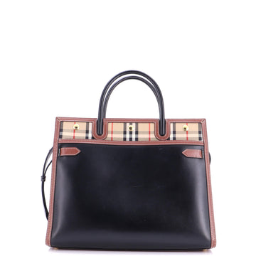 Burberry Title Two Handle Tote Leather with Vintage Check Canvas Medium
