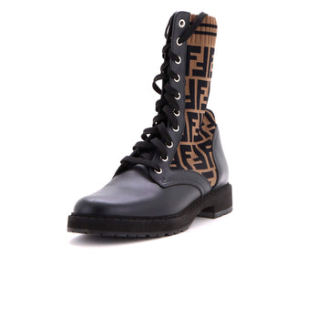 Fendi Women's Rockoko Combat Boots Leather and Zucca Knit Stretch Fabric