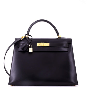Hermes Kelly Handbag Black Box Calf with Gold Hardware 32