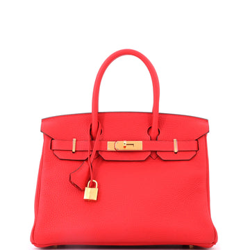 Hermes Birkin Handbag Red Clemence with Gold Hardware 30