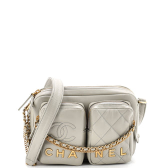 Chanel Logo Twin Pockets Chain Camera Case Quilted Calfskin Small