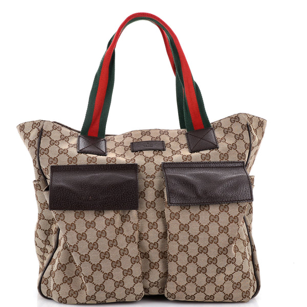 【gucci】美品⭐︎トートバッグ ダブルポケット付き Gucci Double Pocket Web Handle Tote GG Canvas Medium Brown 4283655