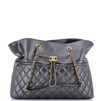 Chanel Front Zip CC Drawstring Chain Tote Quilted Calfskin Large
