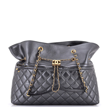 Chanel Front Zip CC Drawstring Chain Tote Quilted Calfskin Large