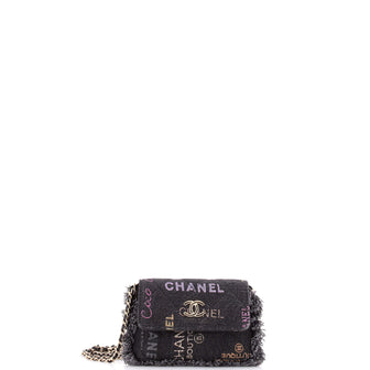 Chanel Denim Mood Flap Clutch with Chain Logo Printed Quilted Fringe Denim