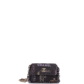 Chanel Denim Mood Flap Clutch with Chain Logo Printed Quilted Fringe Denim