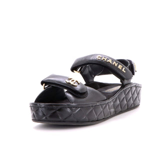 Chanel Women's Logo Velcro Strap Wedge Sandals Quilted Leather