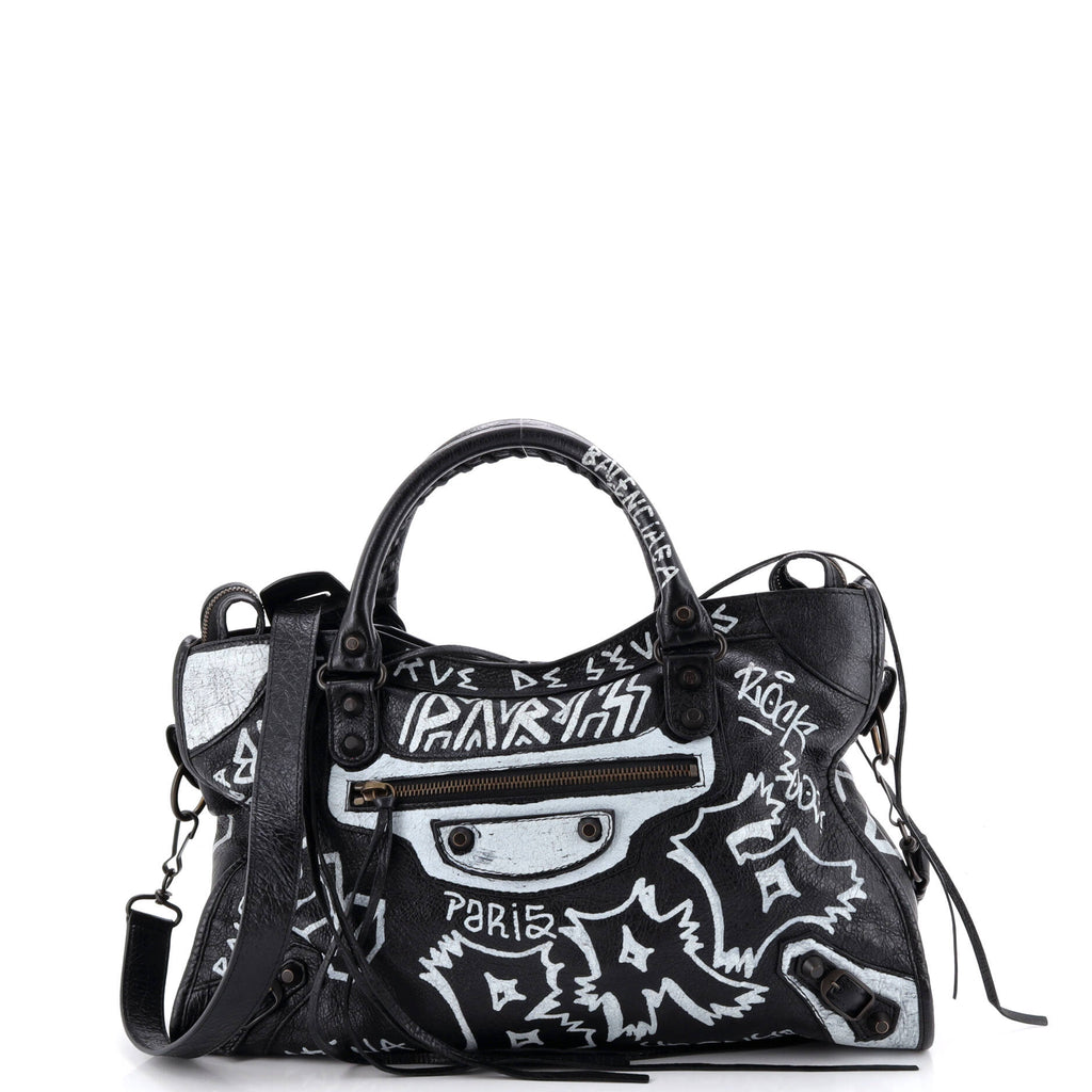 Balenciaga City Graffiti Classic Studs Bag Leather Medium Black