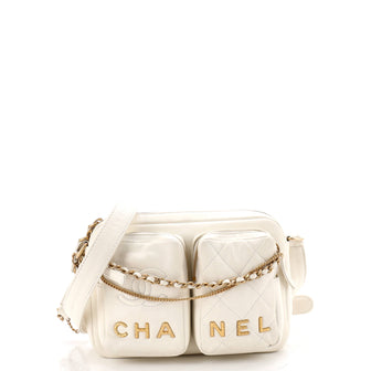 Chanel Logo Twin Pockets Chain Camera Case Quilted Calfskin Small