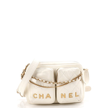 Chanel Logo Twin Pockets Chain Camera Case Quilted Calfskin Small