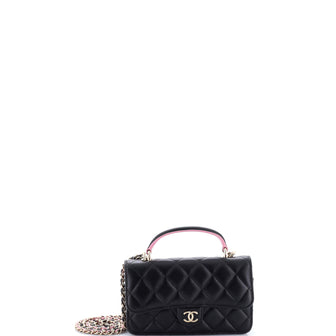 Chanel Classic Top Handle Flap Phone Holder with Chain Quilted Lambskin