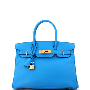 Hermes Birkin Handbag Blue Epsom with Gold Hardware 30
