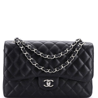 Chanel Vintage Classic Double Flap Bag Quilted Caviar Jumbo