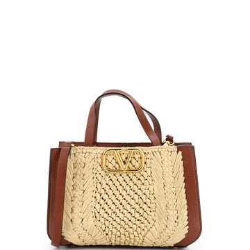 Valentino Garavani VLogo Shopper Tote Woven Raffia and Leather Small
