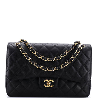 Chanel Vintage Classic Double Flap Bag Quilted Caviar Jumbo