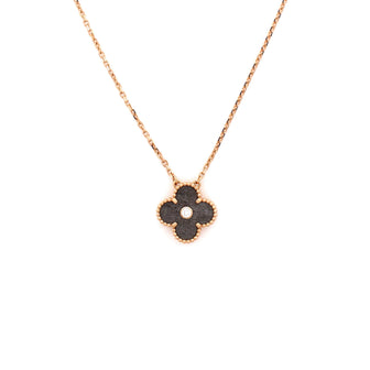 Van Cleef & Arpels Vintage Alhambra Pendant Necklace 18K Rose Gold and Silver Obsidian with Diamond