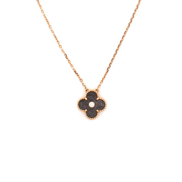 Van Cleef & Arpels Vintage Alhambra Pendant Necklace 18K Rose Gold and Silver Obsidian with Diamond