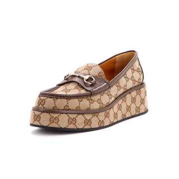 Gucci Women's Horsebit Wedge Platform Loafers GG Canvas with Leather