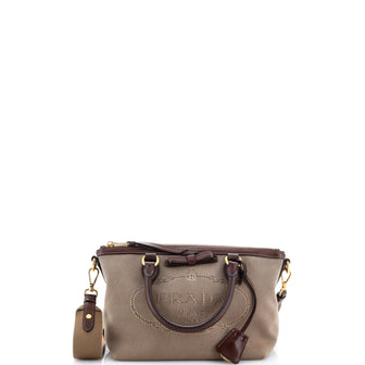 Prada Logo Convertible Zip Tote Canvas with Leather Small