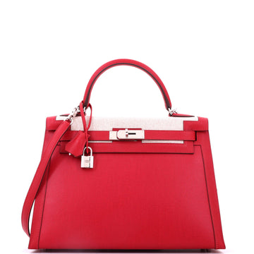 Hermes Kelly Handbag Red Berline Vache Canvas with Swift and Toile with Palladium Hardware 32