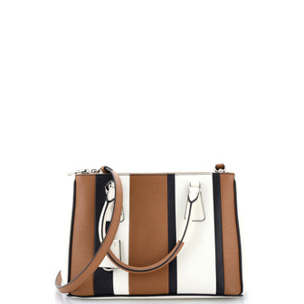 Prada Double Zip Lux Tote Striped Saffiano Leather Small