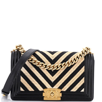 Chanel Boy Flap Bag Braided Chevron Calfskin and Lambskin Old Medium