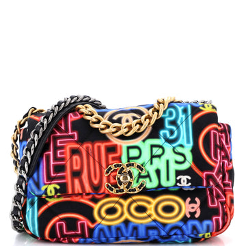 Chanel 19 Flap Bag Quilted Graffiti Print Fabric Medium