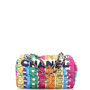 Chanel Logo Flap Bag Quilted Printed Silk Medium